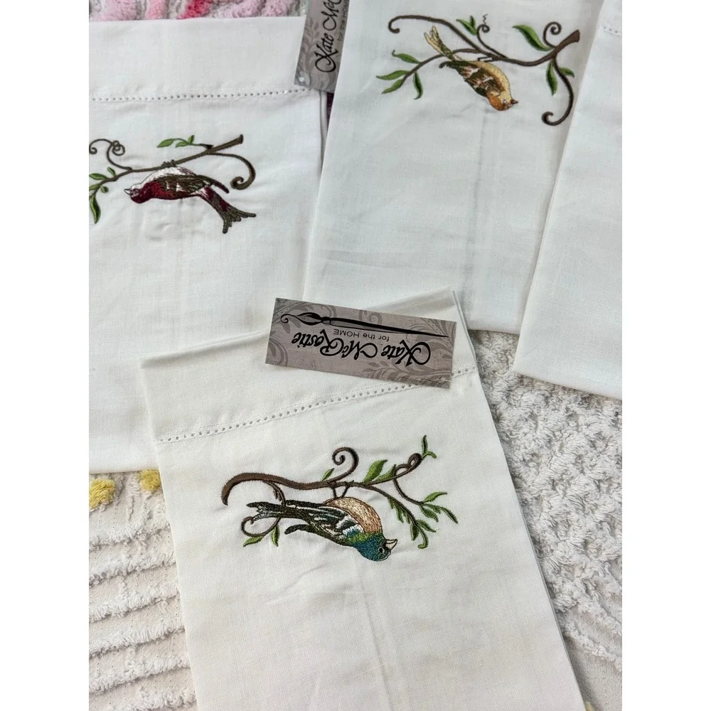 Kate McRostie Peking Handicraft Embroidered Bird Guest Towels Set of 4 White‎